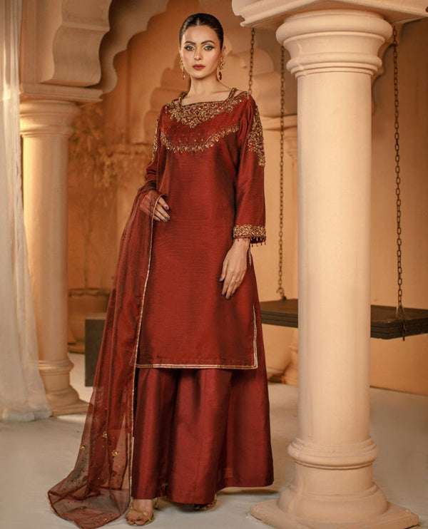 3-Piece Maroon Embroidered Cotton Net