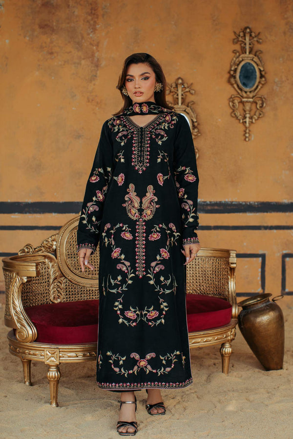3-Piece Black Korean Raw Silk Embroidered