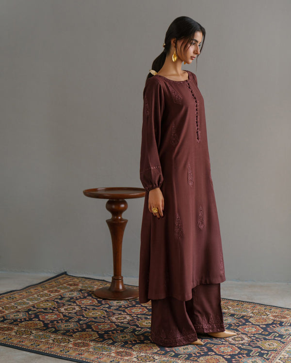 3-Piece Brown Woolina Embroidered