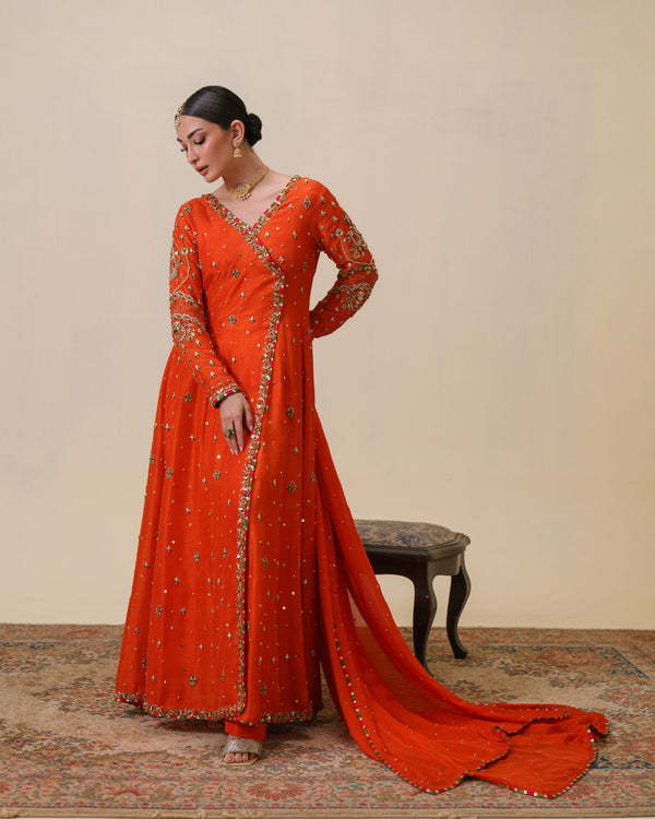 3-Piece Orange Anarkha Raw Silk Embroidered