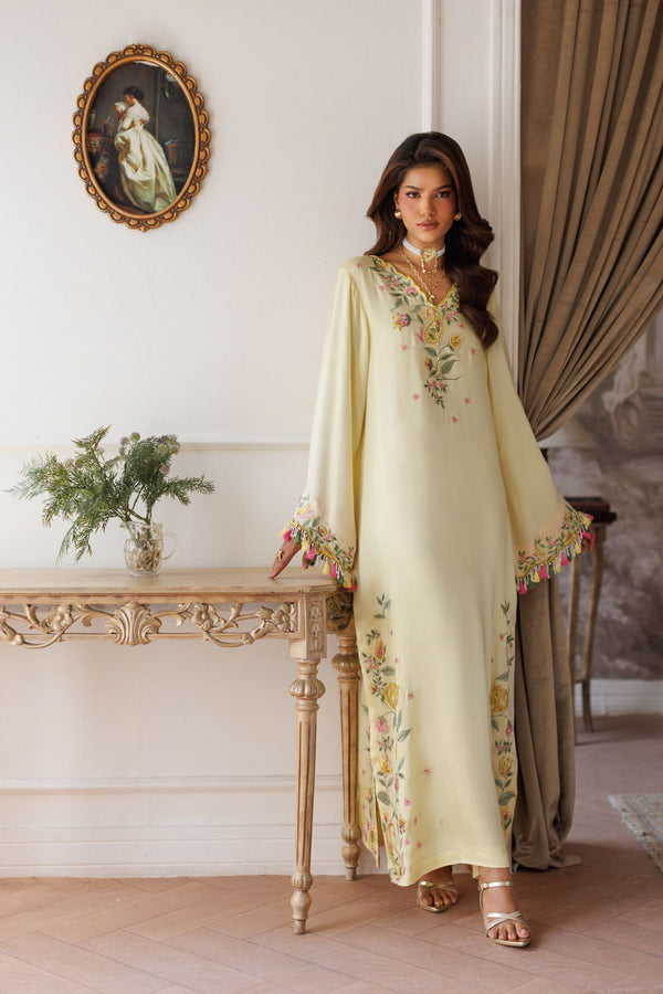 2-Piece Pastel Lemon Kaftan Shisha Silk Embroidered