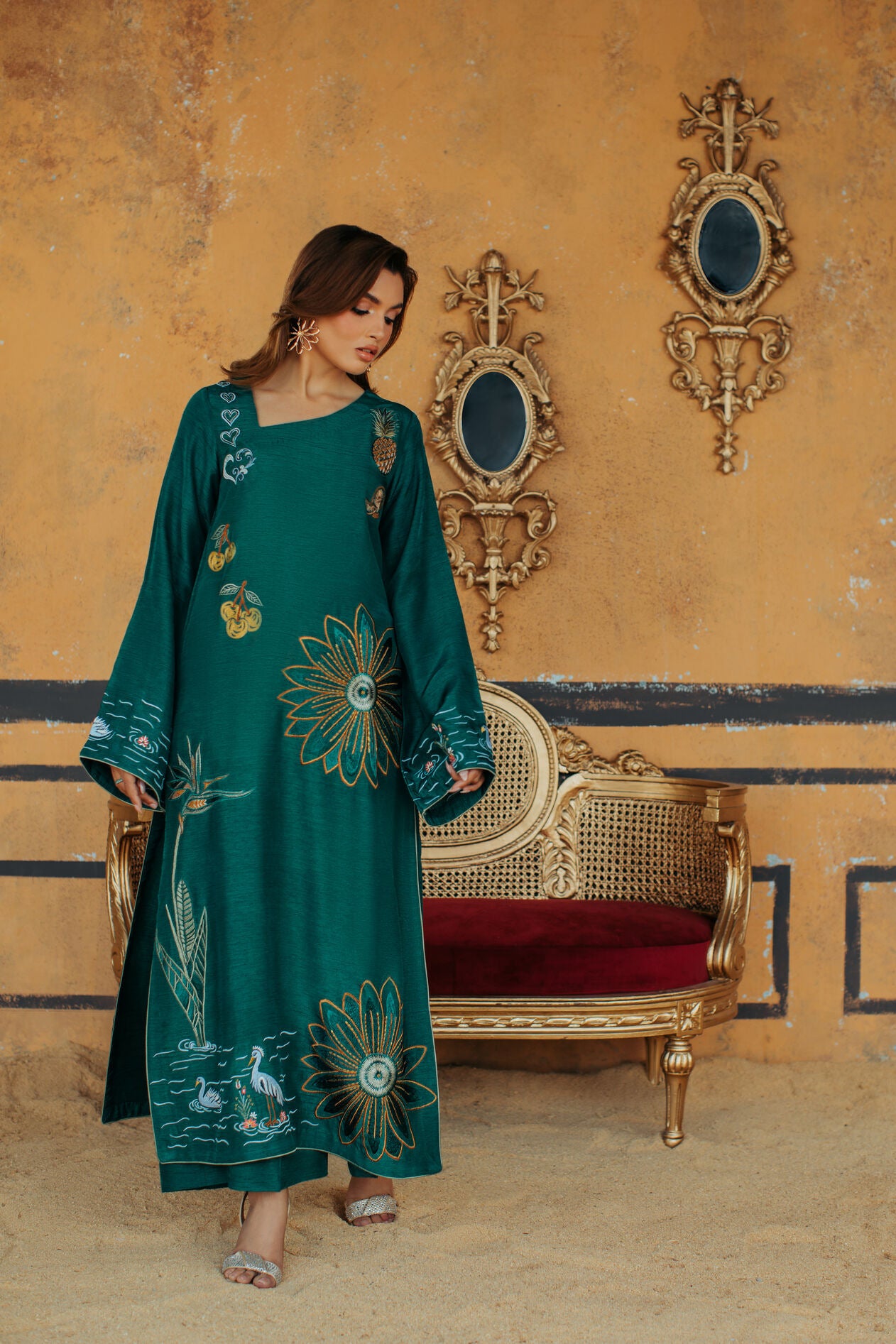 3-Piece Green Korean Raw Silk Embroidered