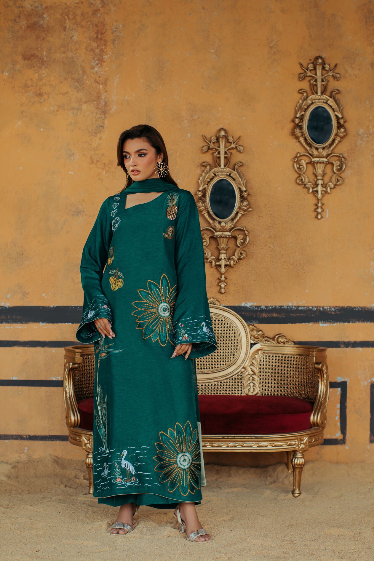 3-Piece Green Korean Raw Silk Embroidered