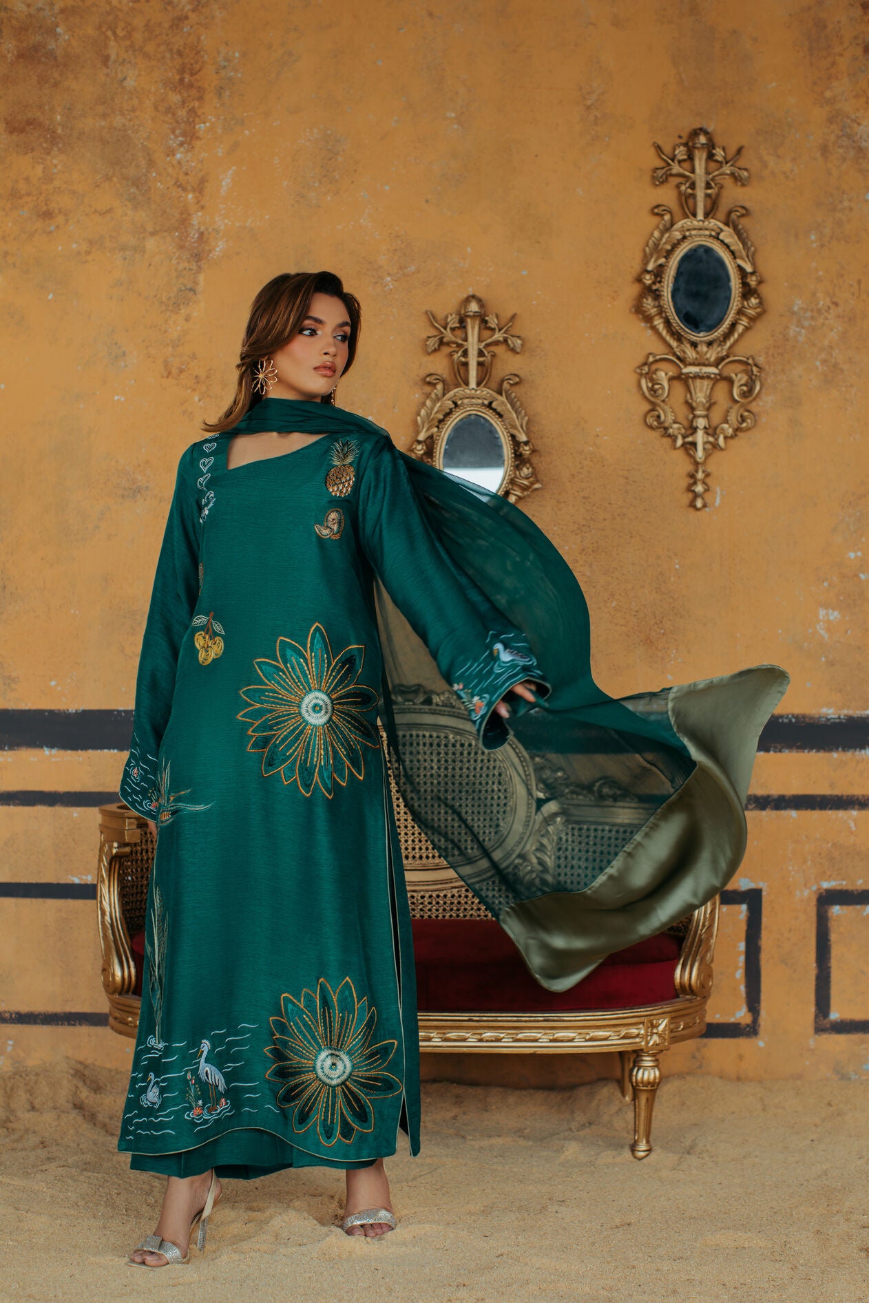 3-Piece Green Korean Raw Silk Embroidered