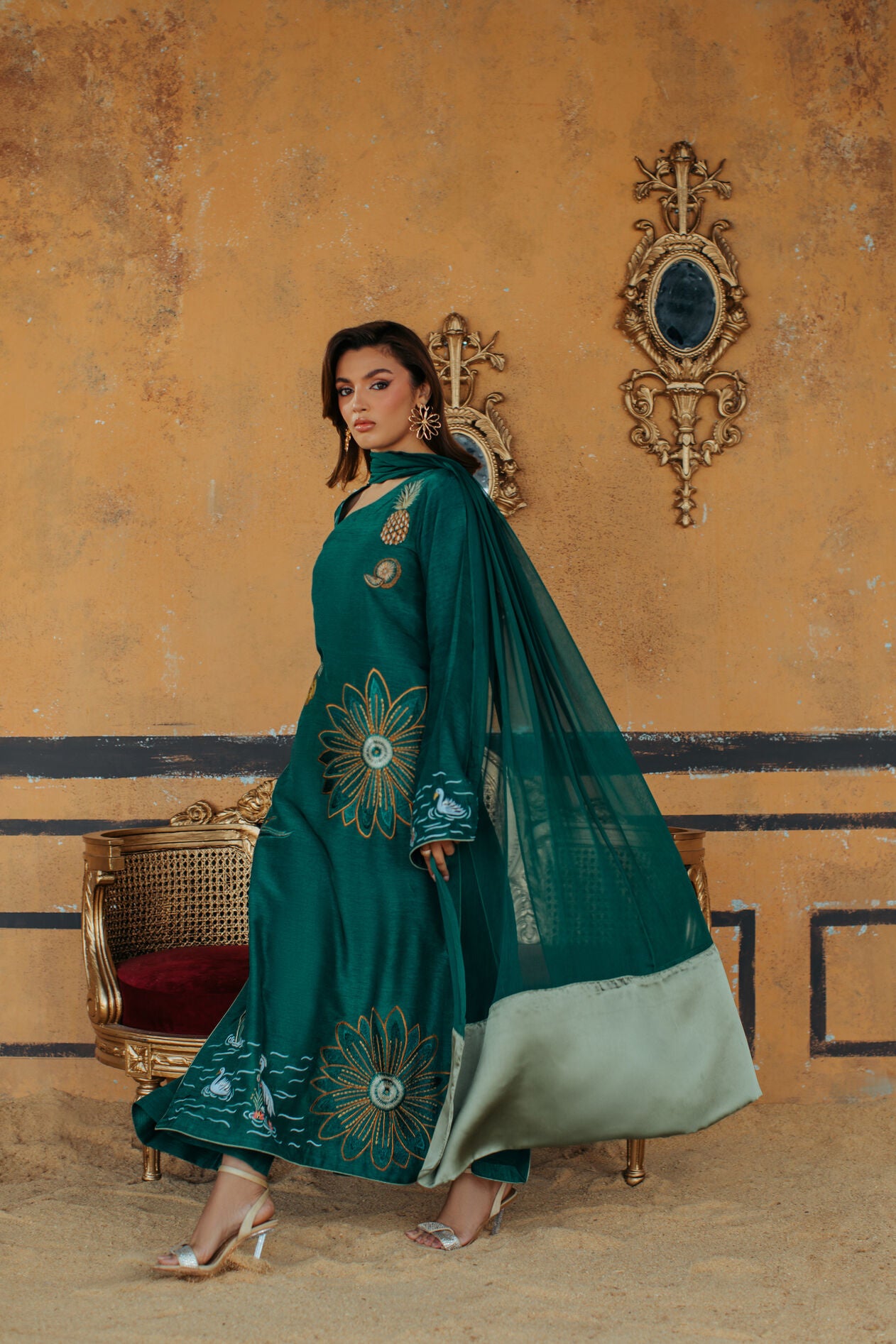 3-Piece Green Korean Raw Silk Embroidered