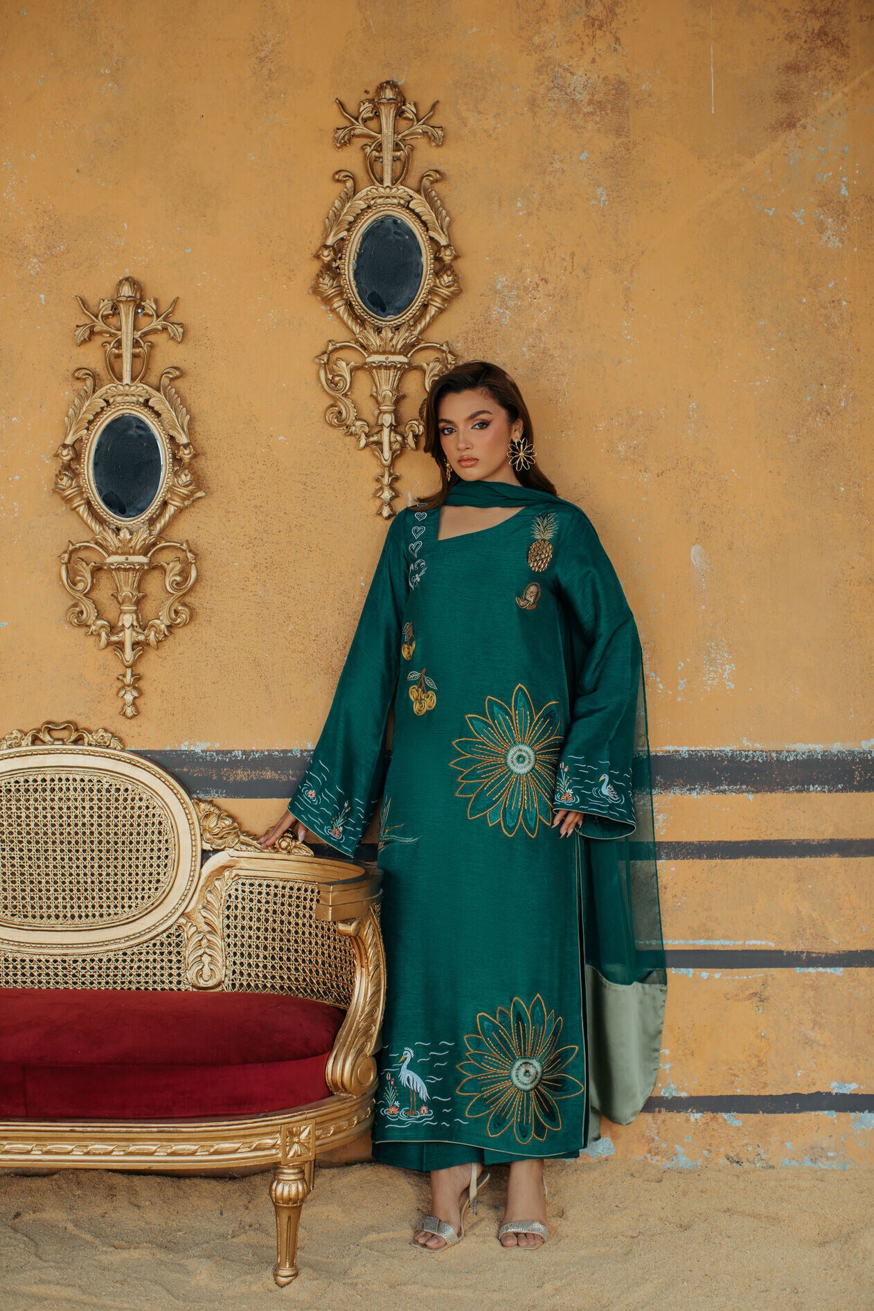3-Piece Green Korean Raw Silk Embroidered