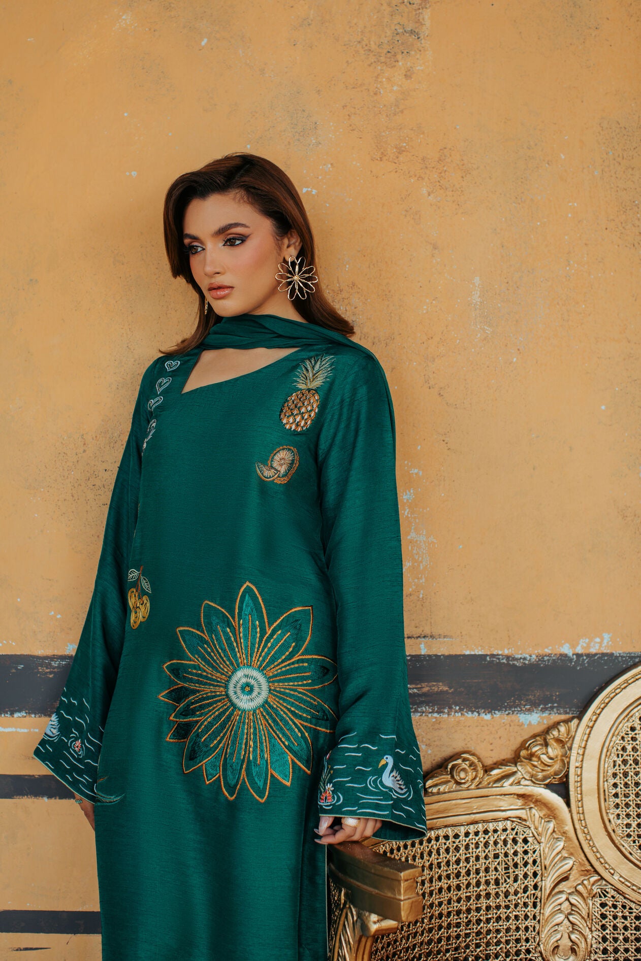 3-Piece Green Korean Raw Silk Embroidered