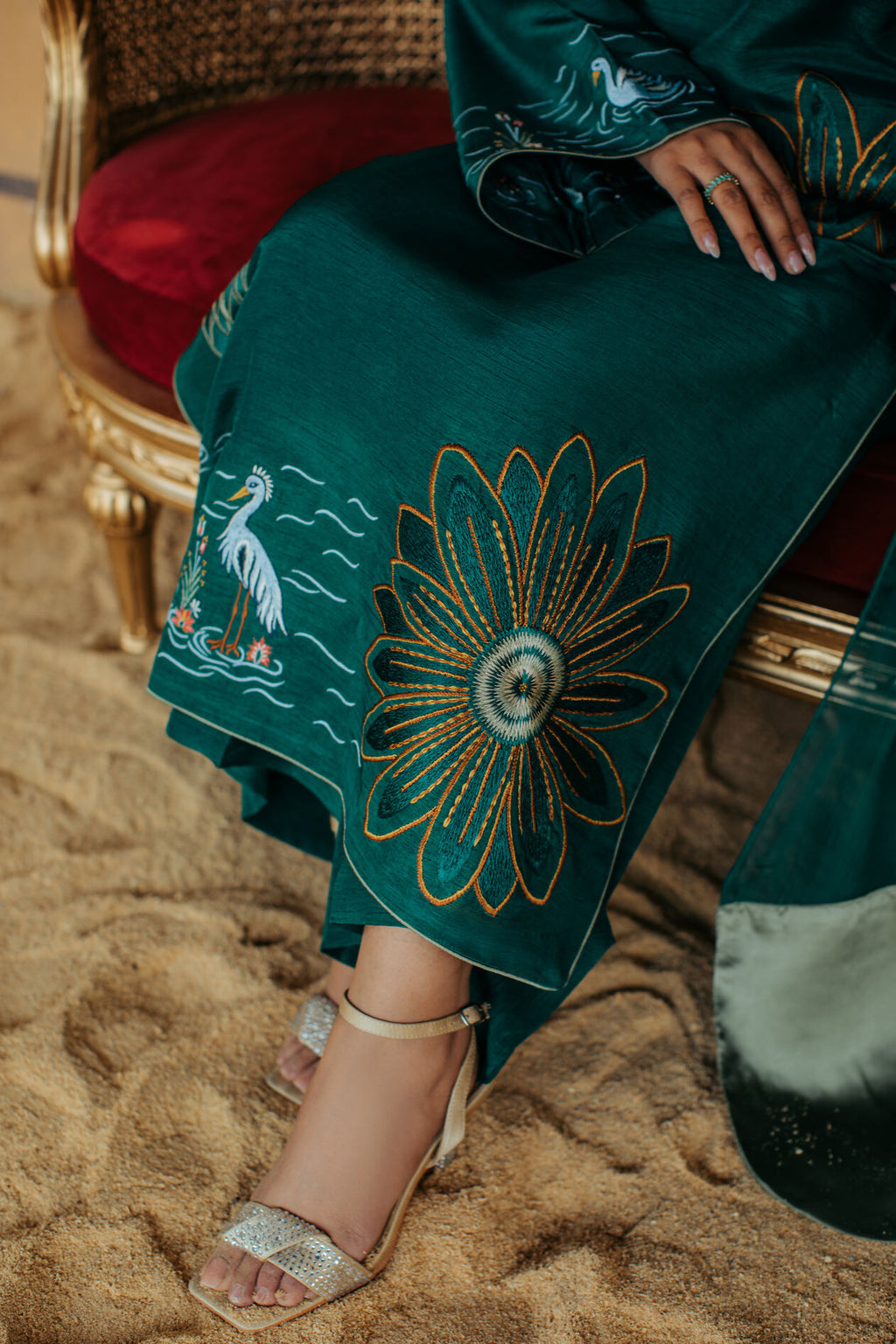 3-Piece Green Korean Raw Silk Embroidered