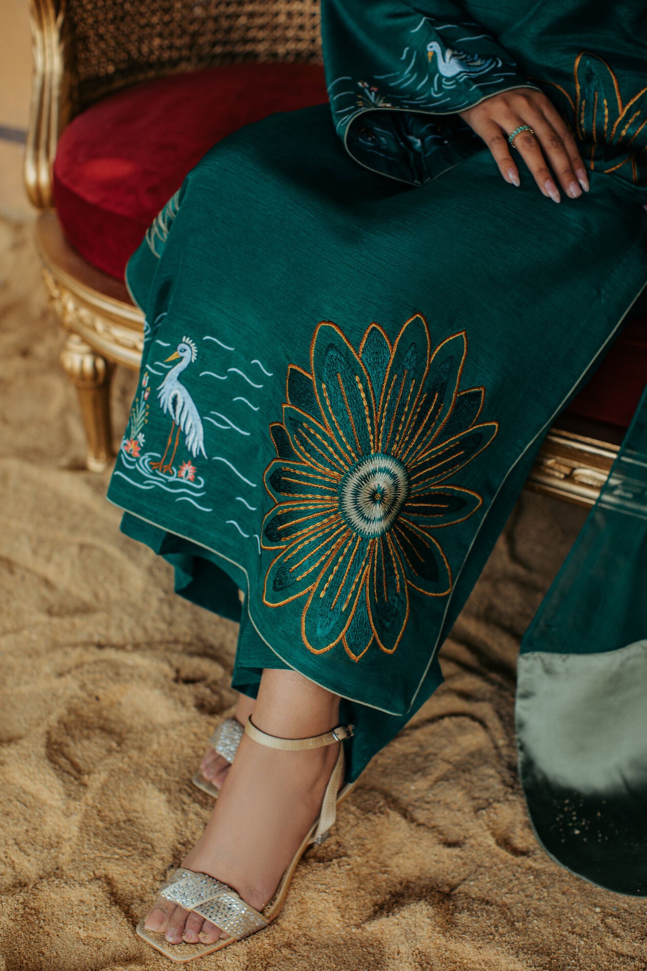 3-Piece Green Korean Raw Silk Embroidered
