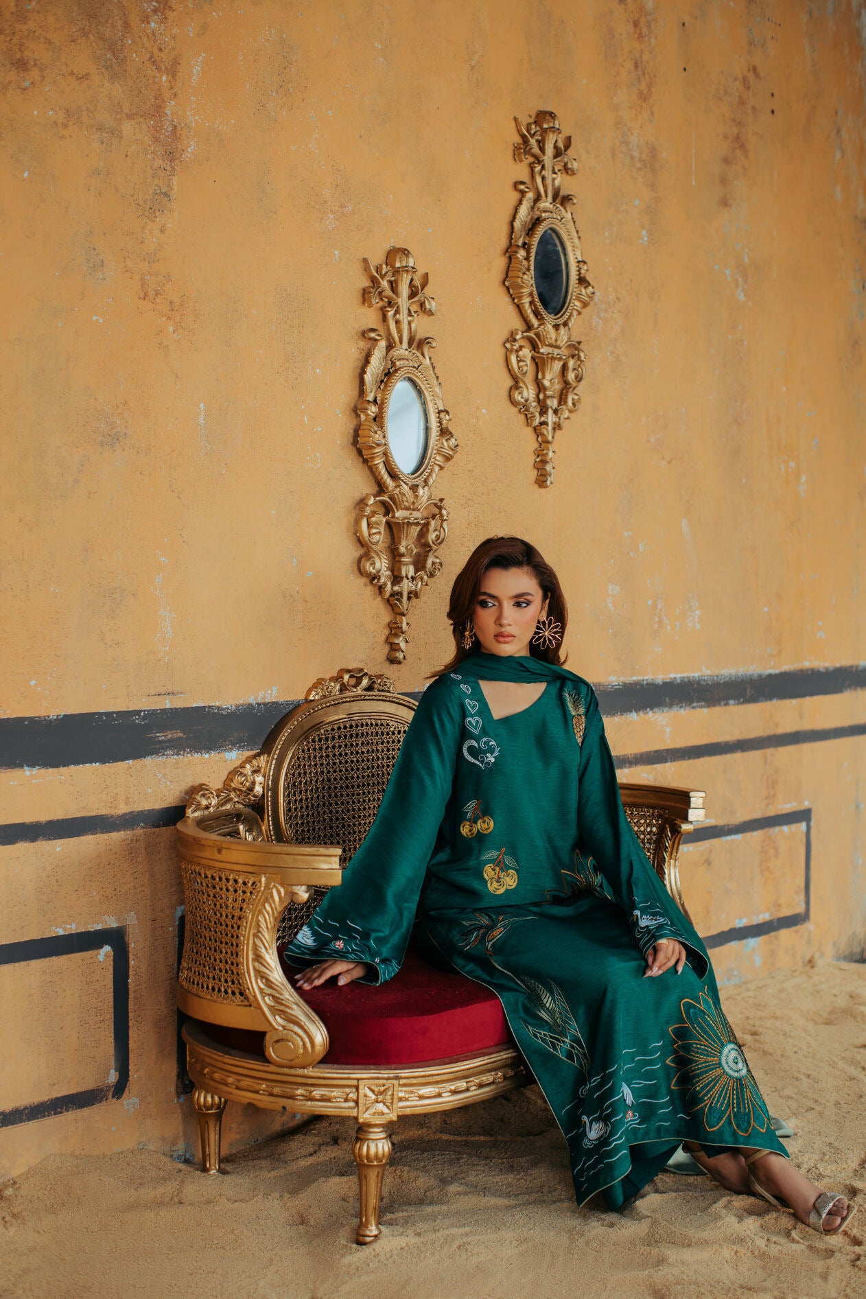 3-Piece Green Korean Raw Silk Embroidered