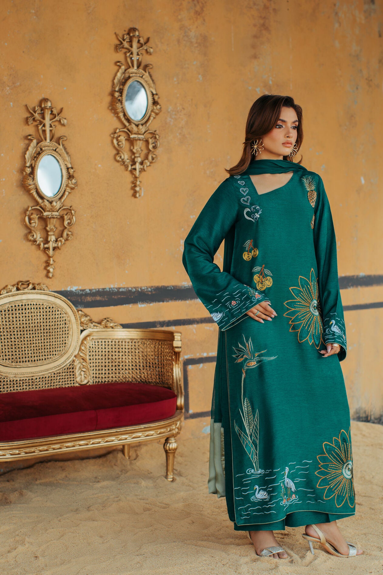 3-Piece Green Korean Raw Silk Embroidered