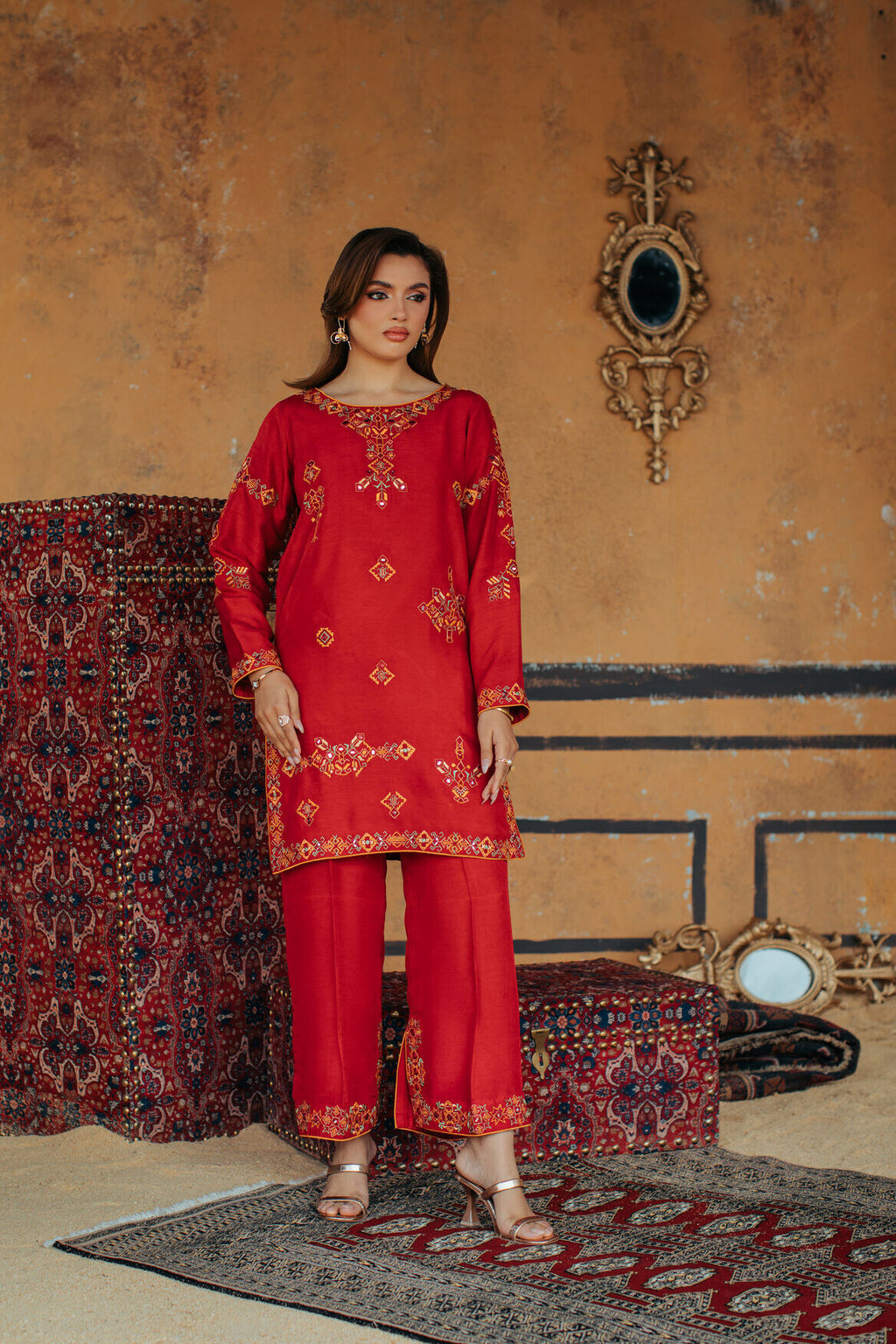 3-Piece Red Korean Raw Silk Embroidered