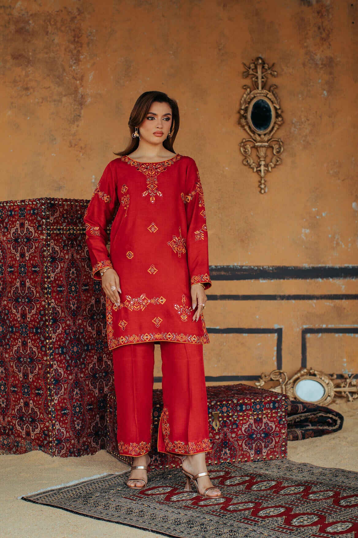 3-Piece Red Korean Raw Silk Embroidered