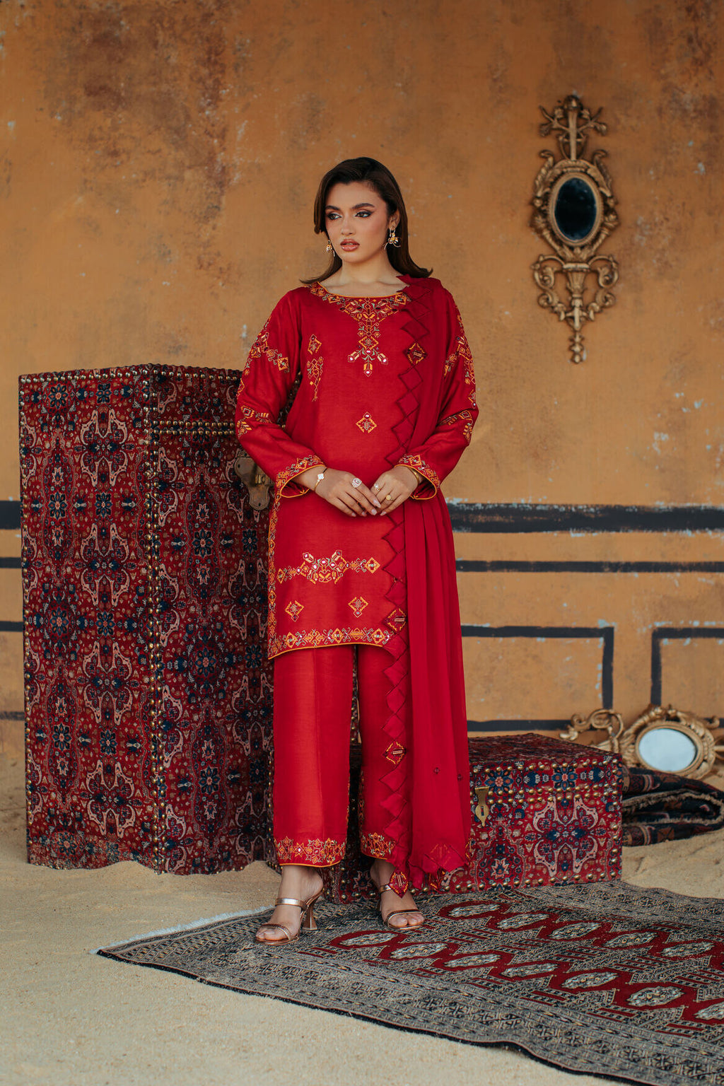 3-Piece Red Korean Raw Silk Embroidered