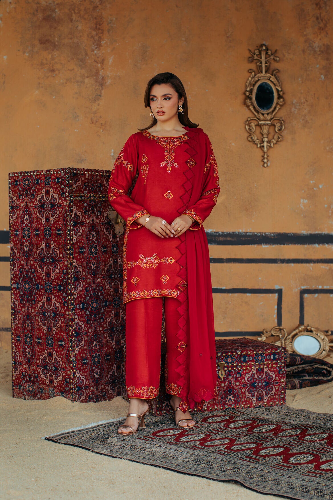 3-Piece Red Korean Raw Silk Embroidered