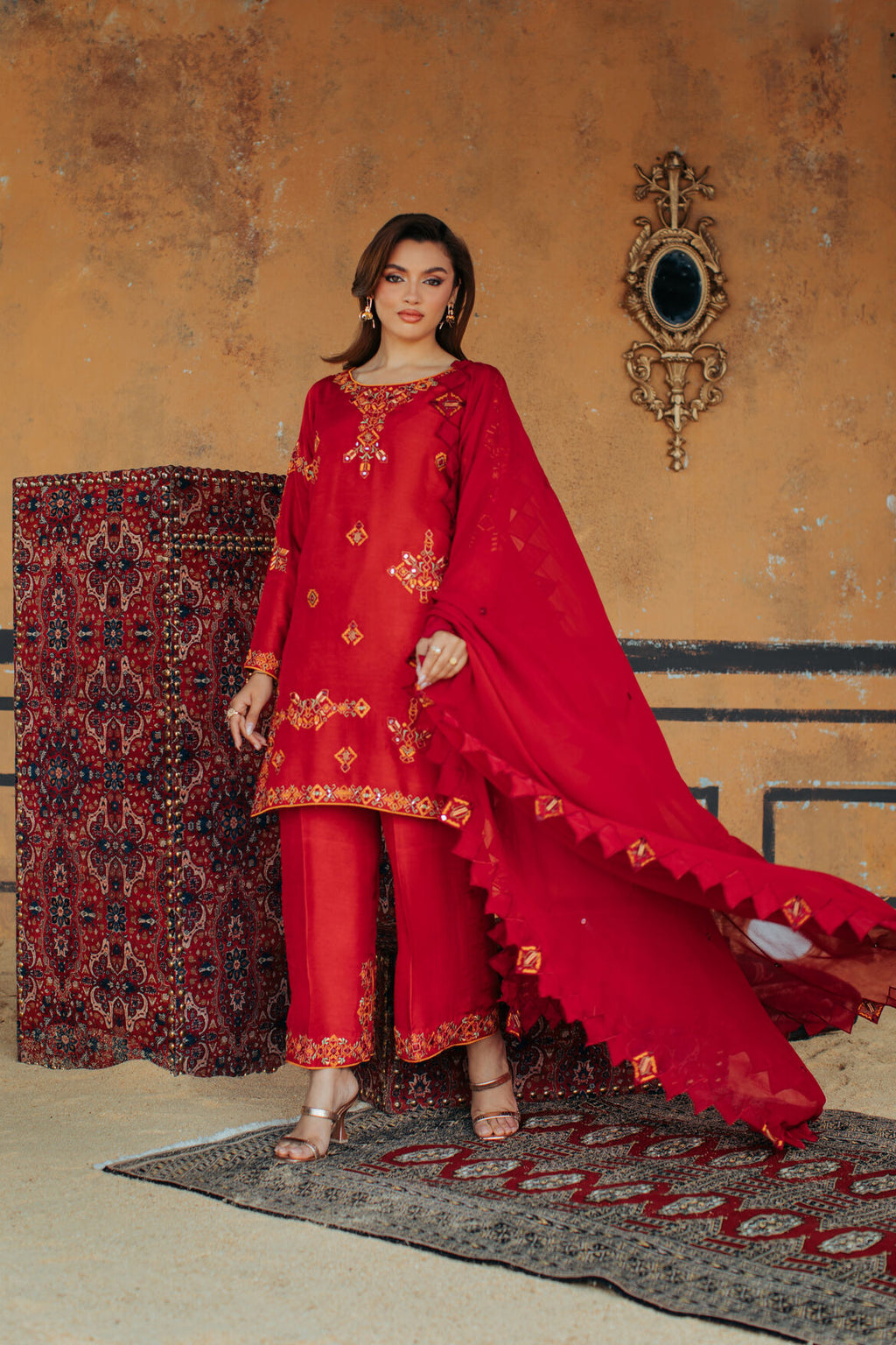 3-Piece Red Korean Raw Silk Embroidered
