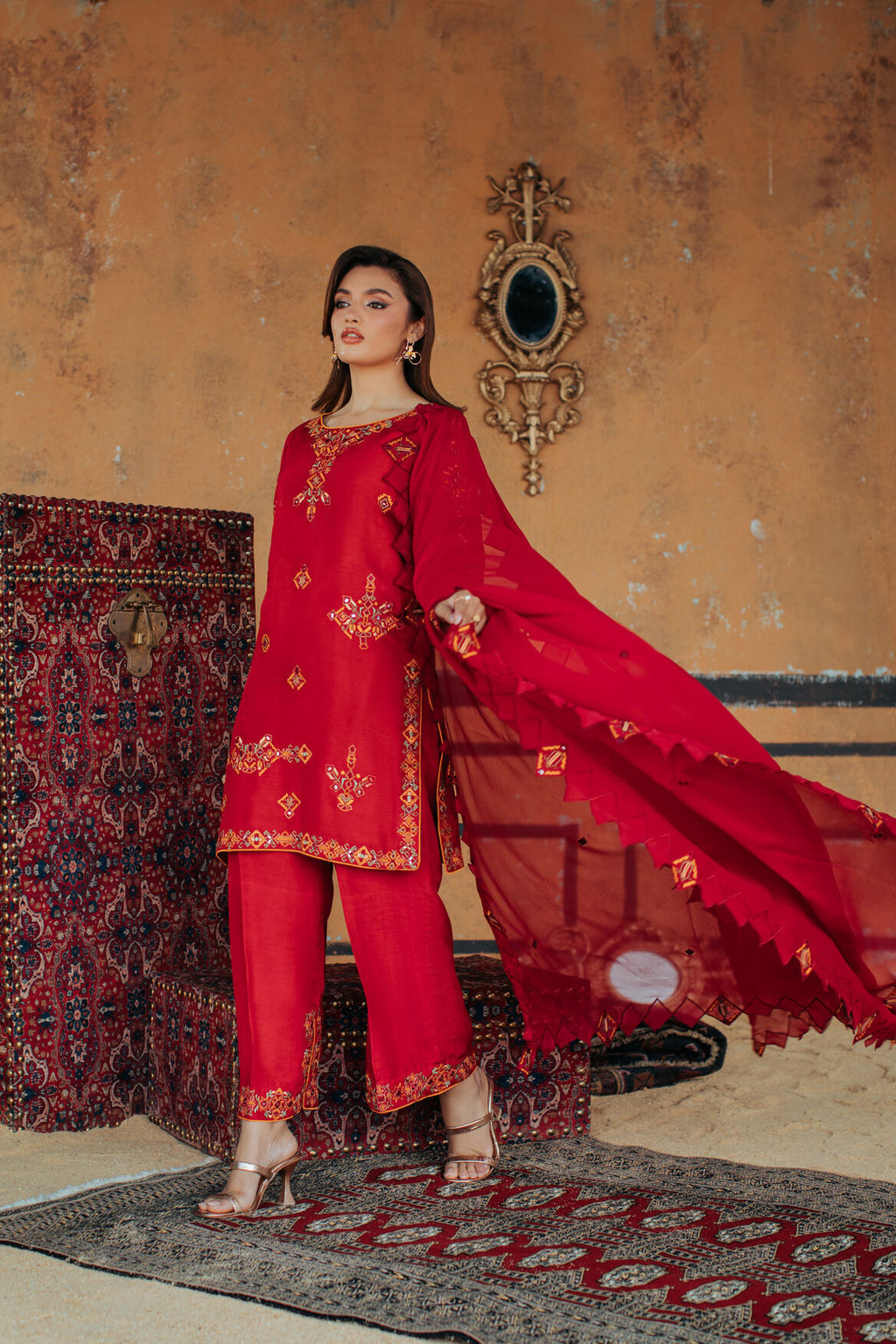 3-Piece Red Korean Raw Silk Embroidered