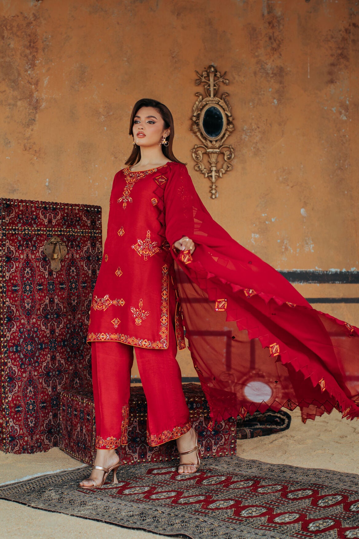 3-Piece Red Korean Raw Silk Embroidered