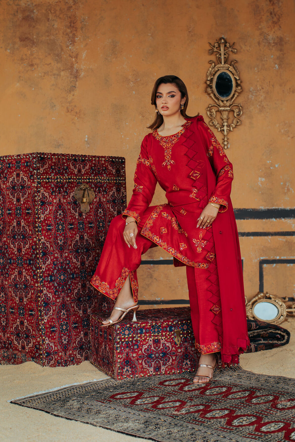 3-Piece Red Korean Raw Silk Embroidered