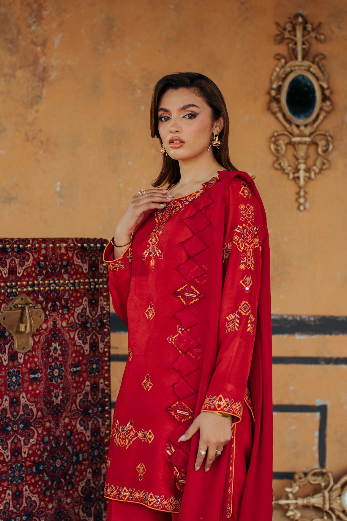 3-Piece Red Korean Raw Silk Embroidered