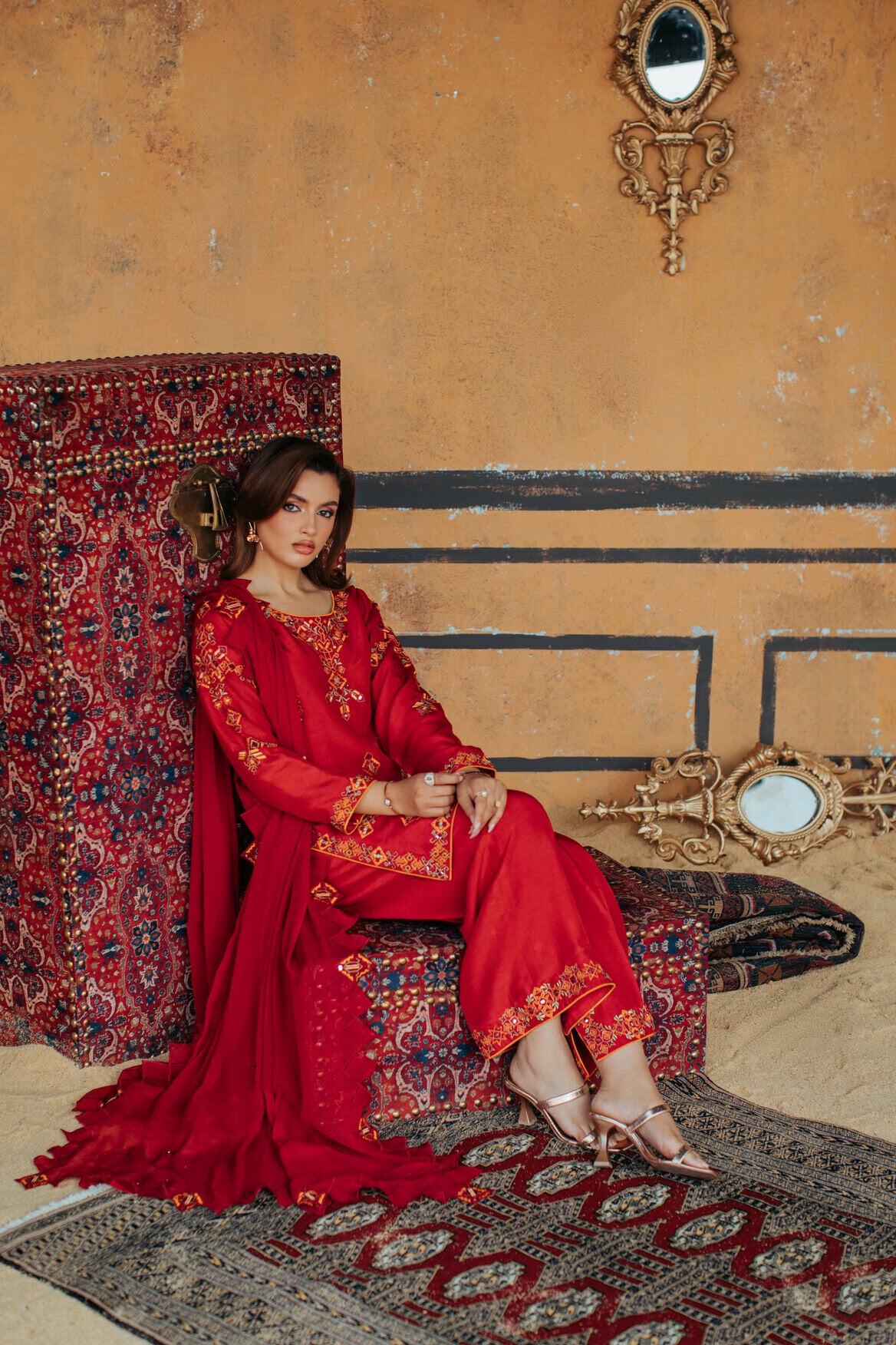 3-Piece Red Korean Raw Silk Embroidered