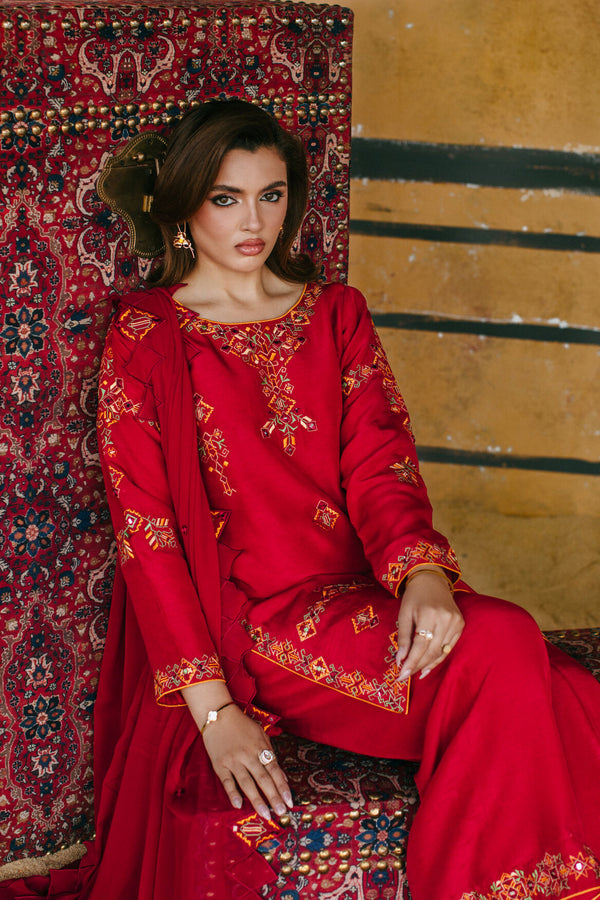 3-Piece Red Korean Raw Silk Embroidered