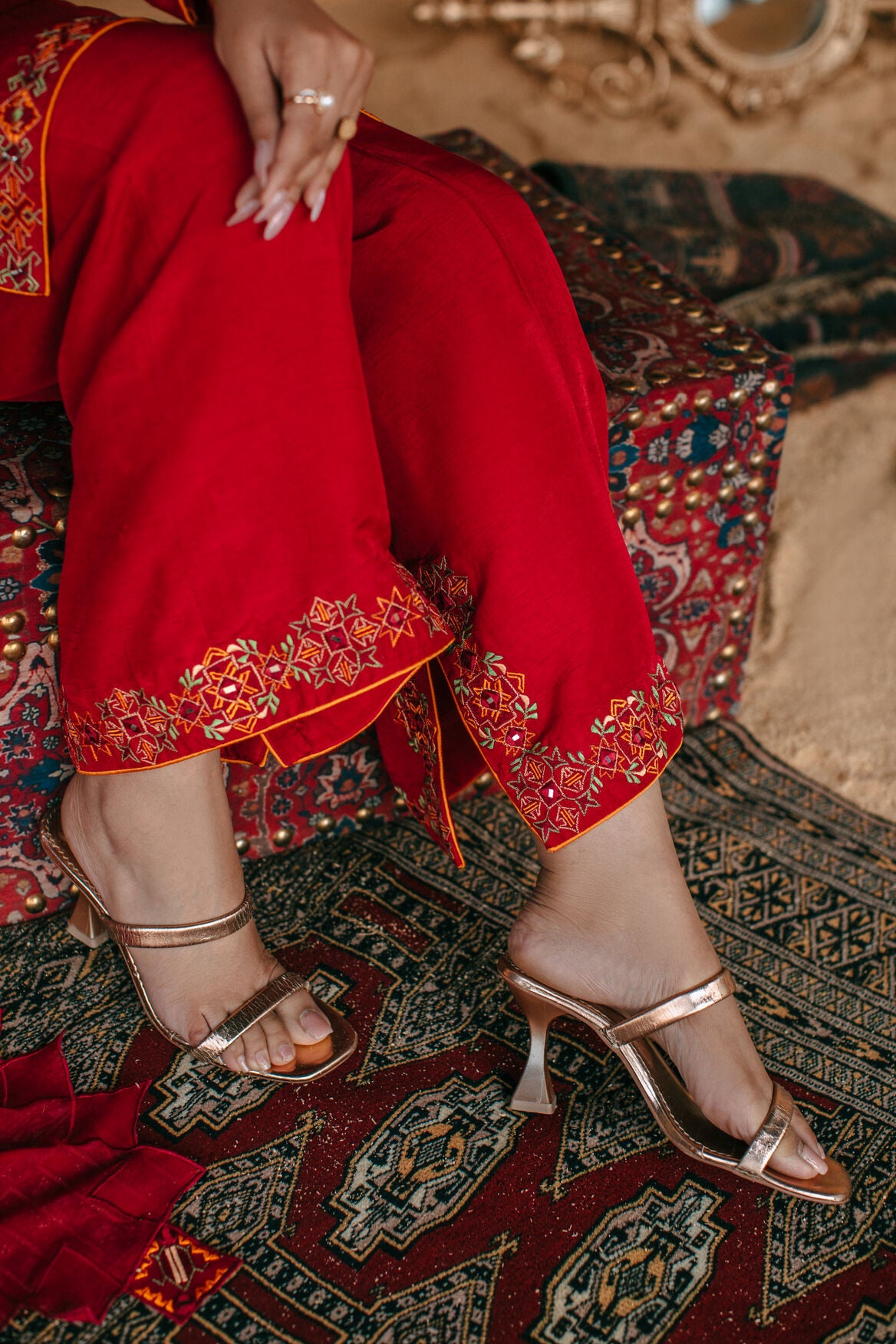 3-Piece Red Korean Raw Silk Embroidered
