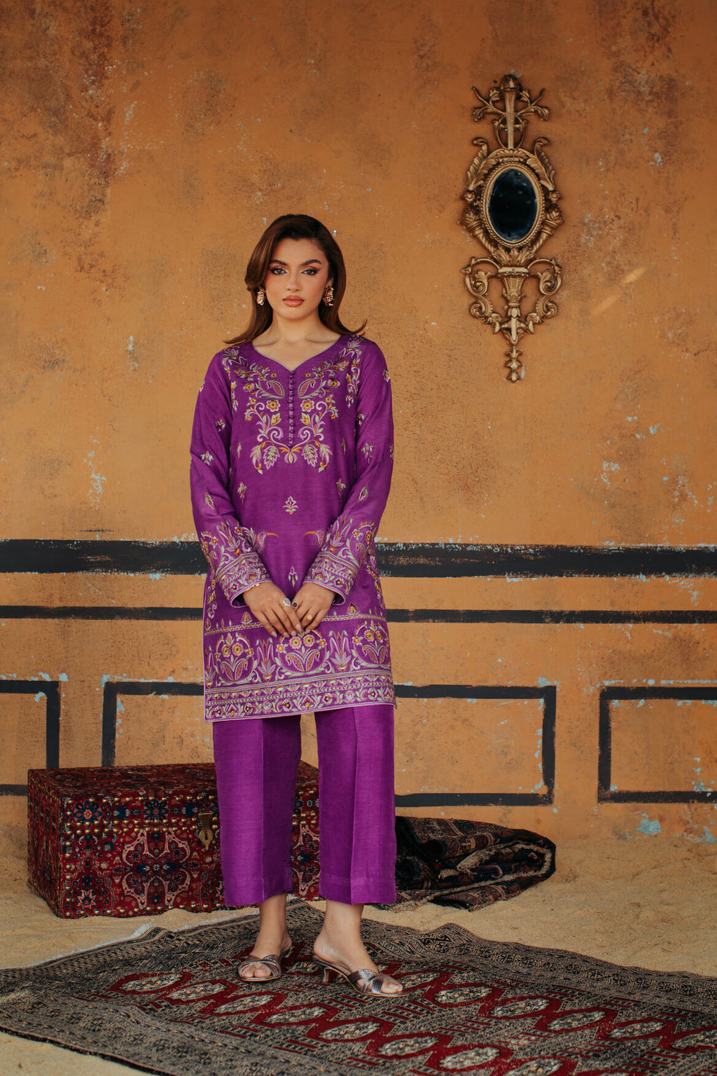 3-Piece Purple Korean Raw Silk Embroidered