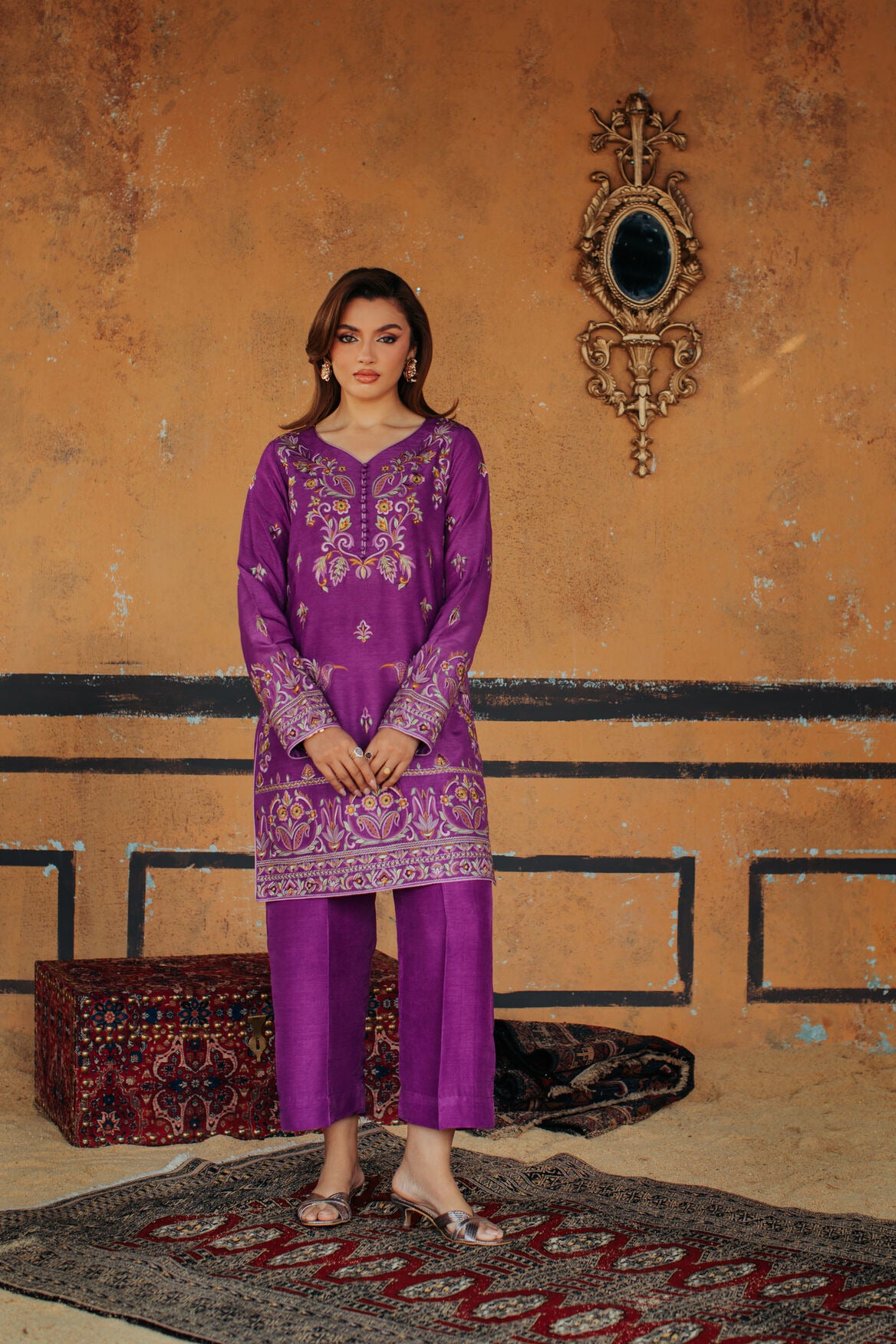 3-Piece Purple Korean Raw Silk Embroidered