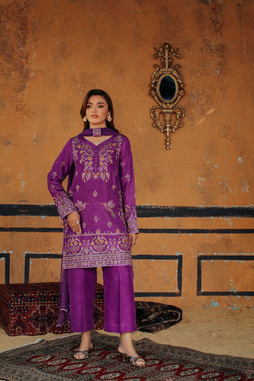 3-Piece Purple Korean Raw Silk Embroidered