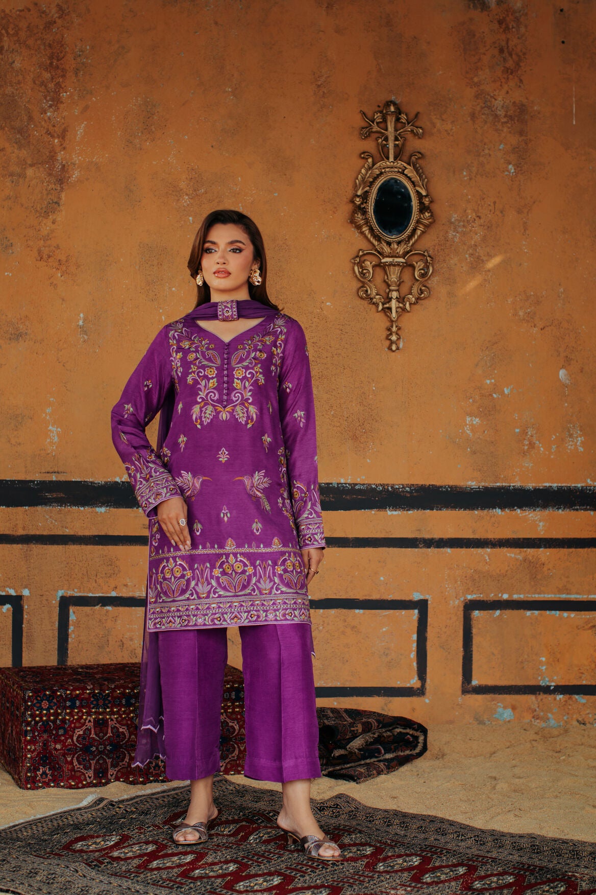 3-Piece Purple Korean Raw Silk Embroidered