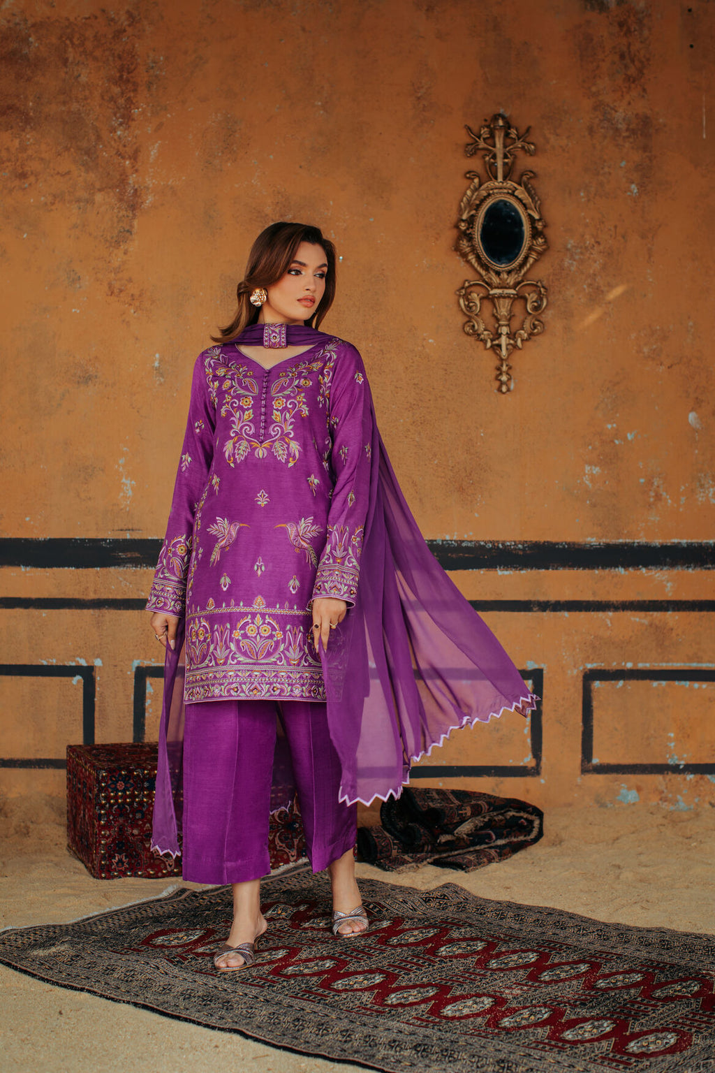 3-Piece Purple Korean Raw Silk Embroidered