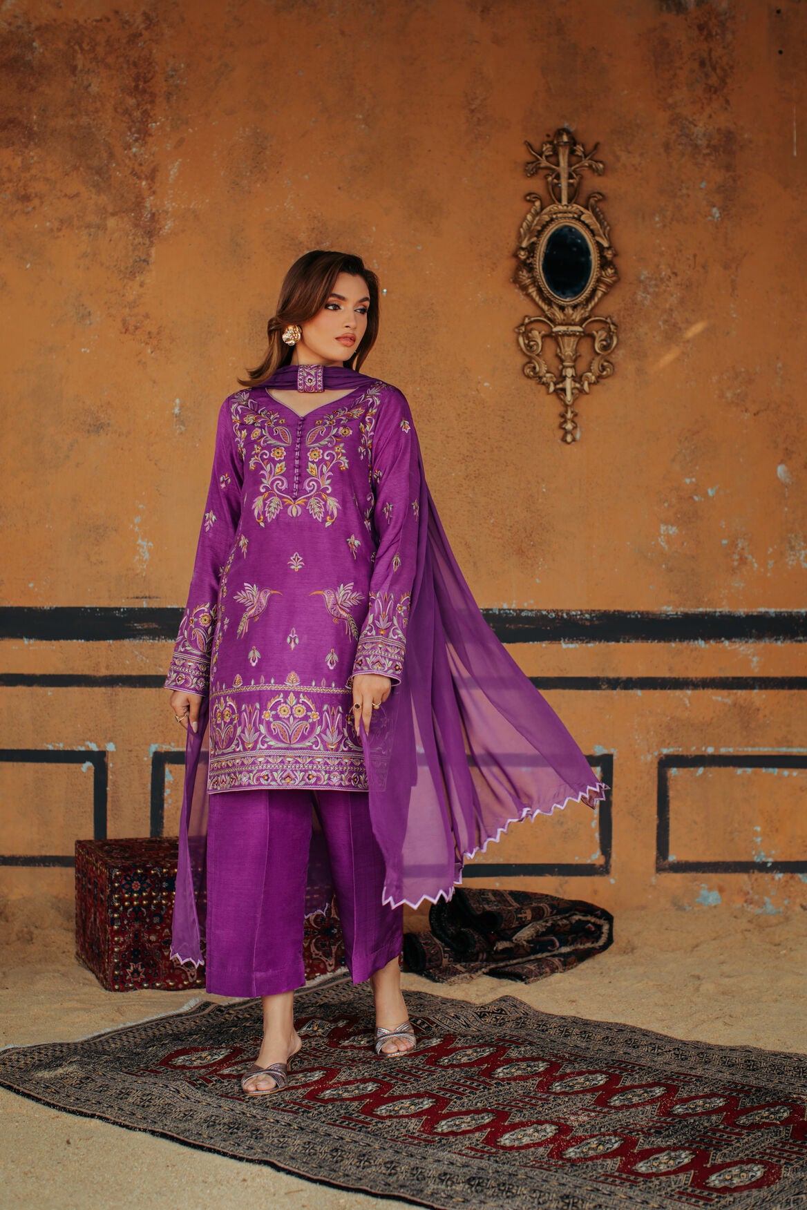 3-Piece Purple Korean Raw Silk Embroidered