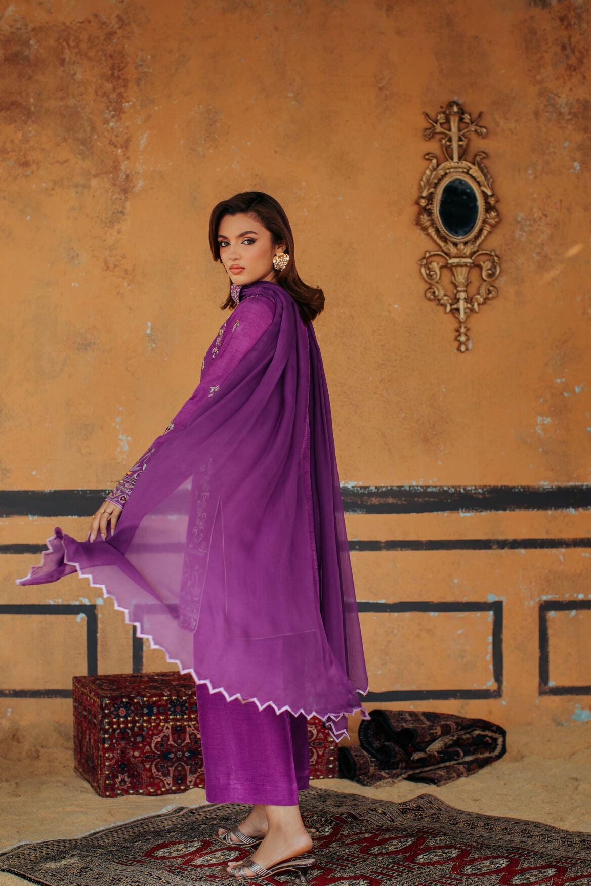 3-Piece Purple Korean Raw Silk Embroidered