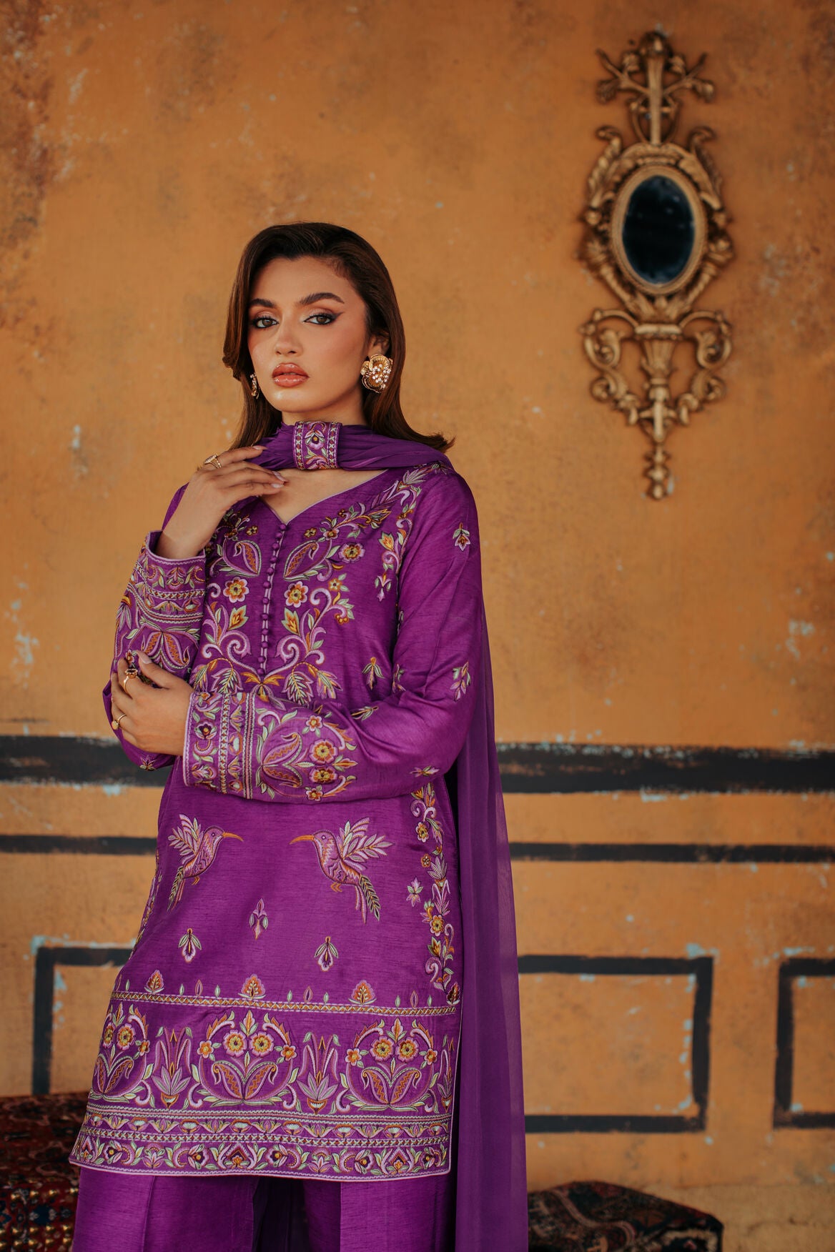 3-Piece Purple Korean Raw Silk Embroidered