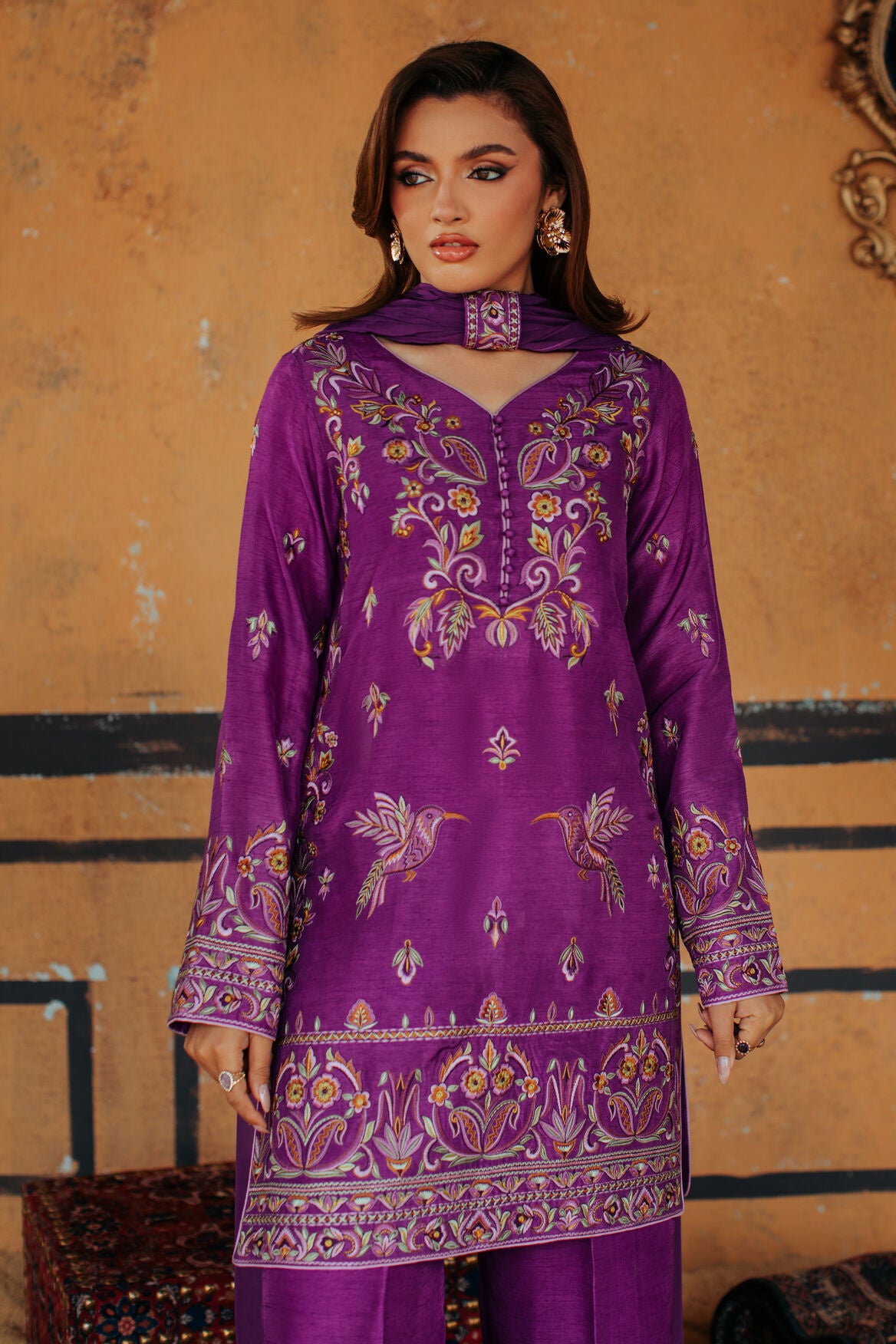 3-Piece Purple Korean Raw Silk Embroidered