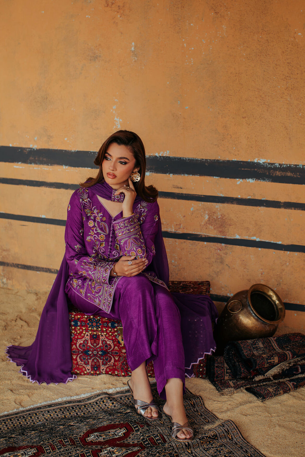 3-Piece Purple Korean Raw Silk Embroidered