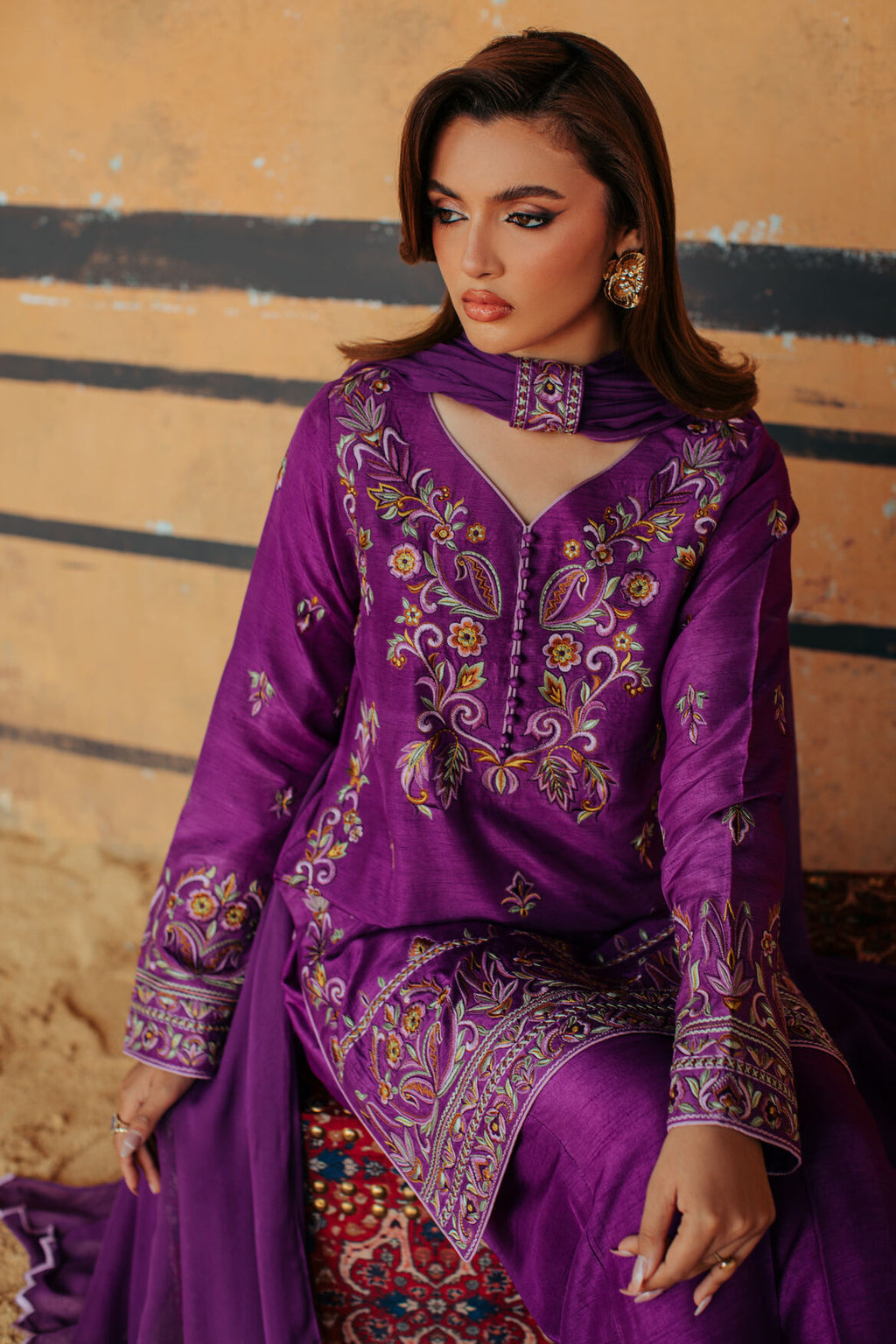 3-Piece Purple Korean Raw Silk Embroidered