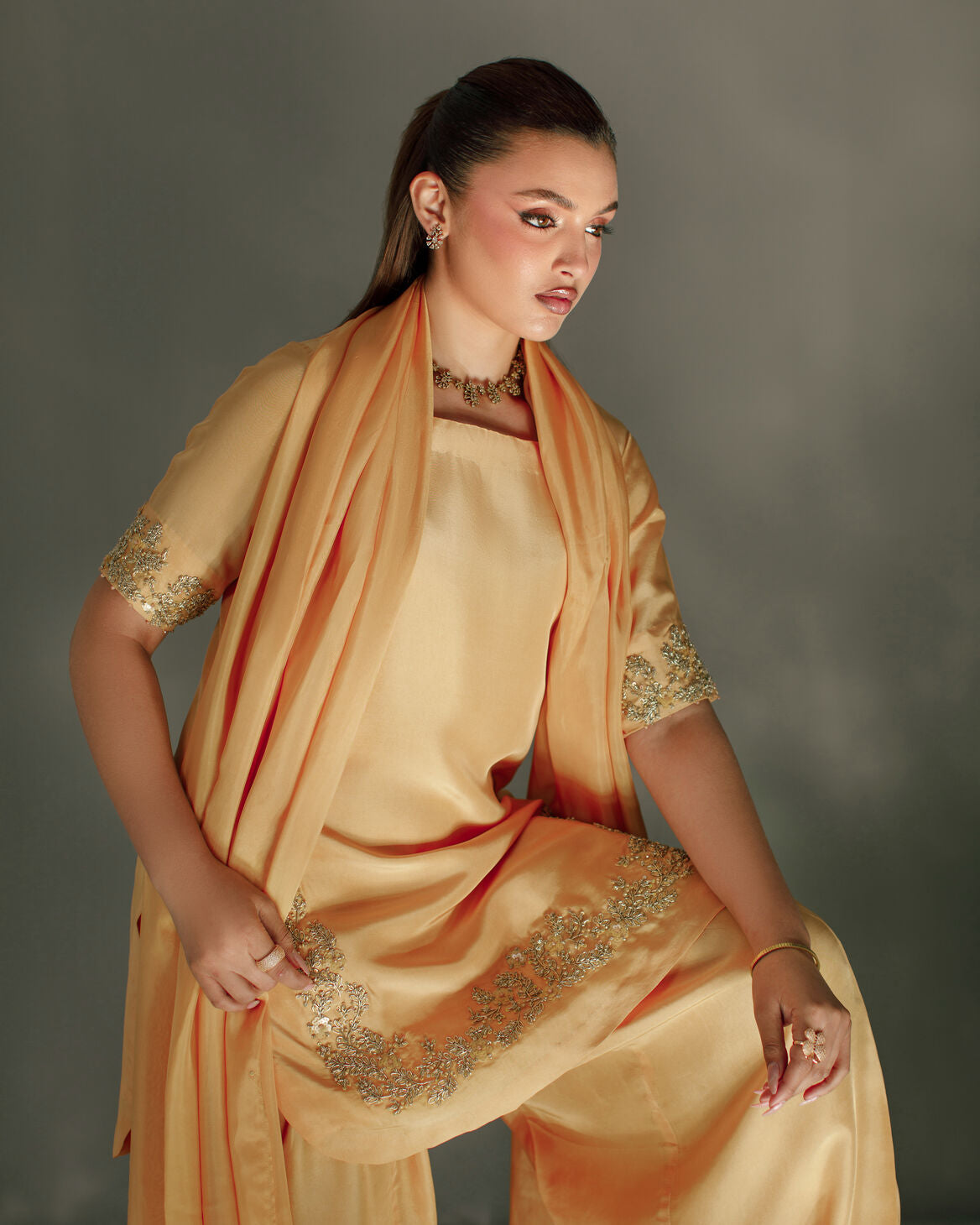 3-Piece Pastel Rust Tassel Silk Embroidered