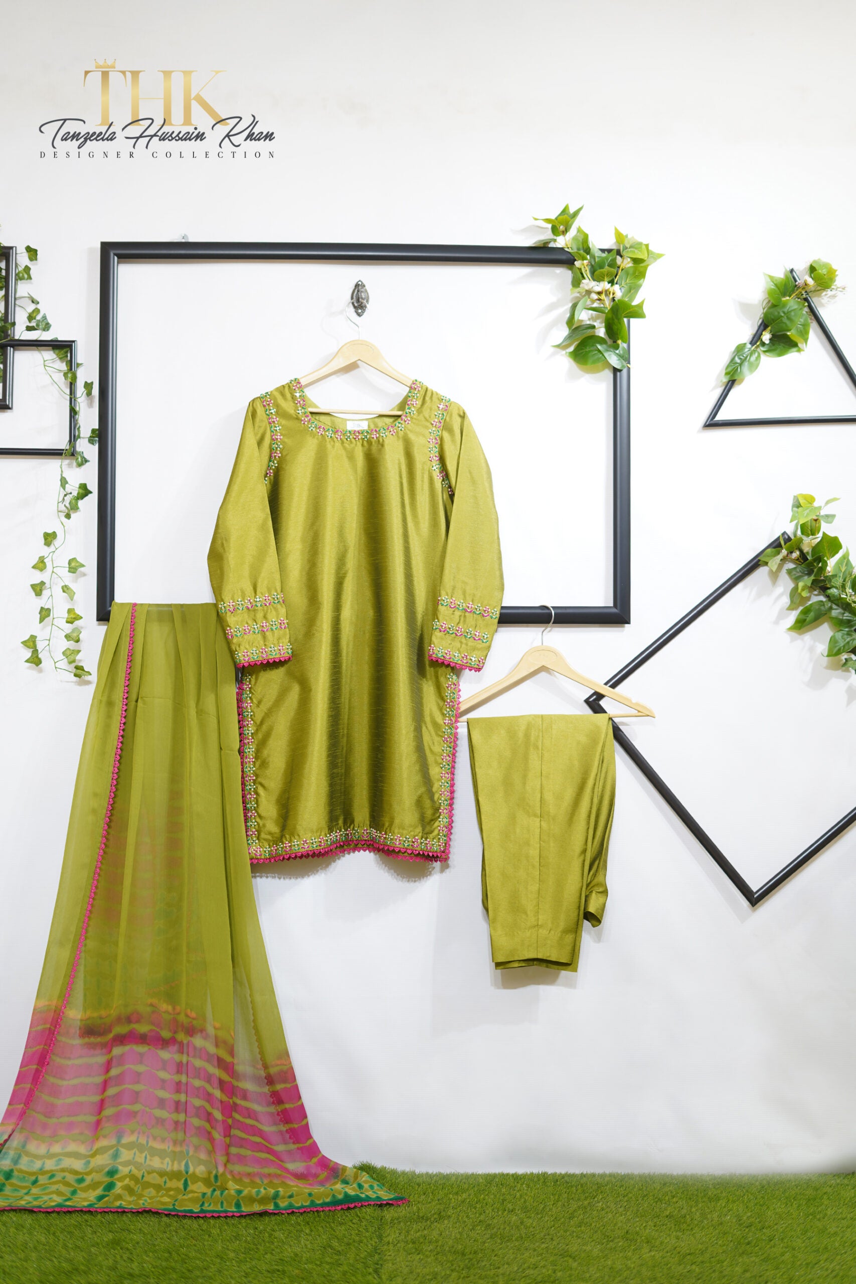 3-Piece Dhani Green Cotton Silk Suit TAN-0755