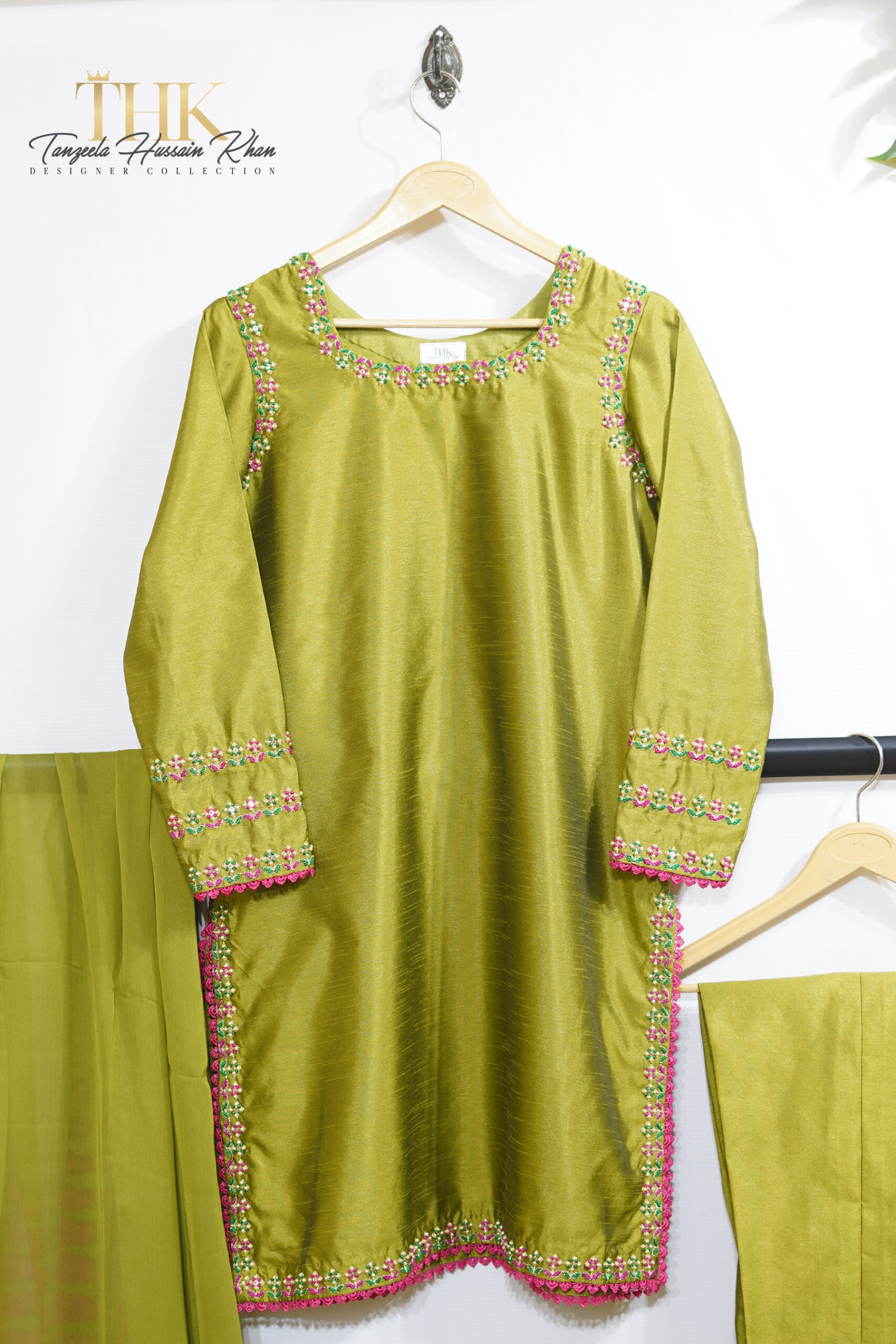 3-Piece Dhani Green Cotton Silk Suit TAN-0755