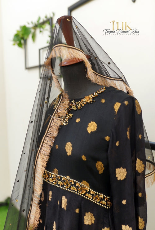 2-Piece Black Pure Chiffon Jamawar Maxi