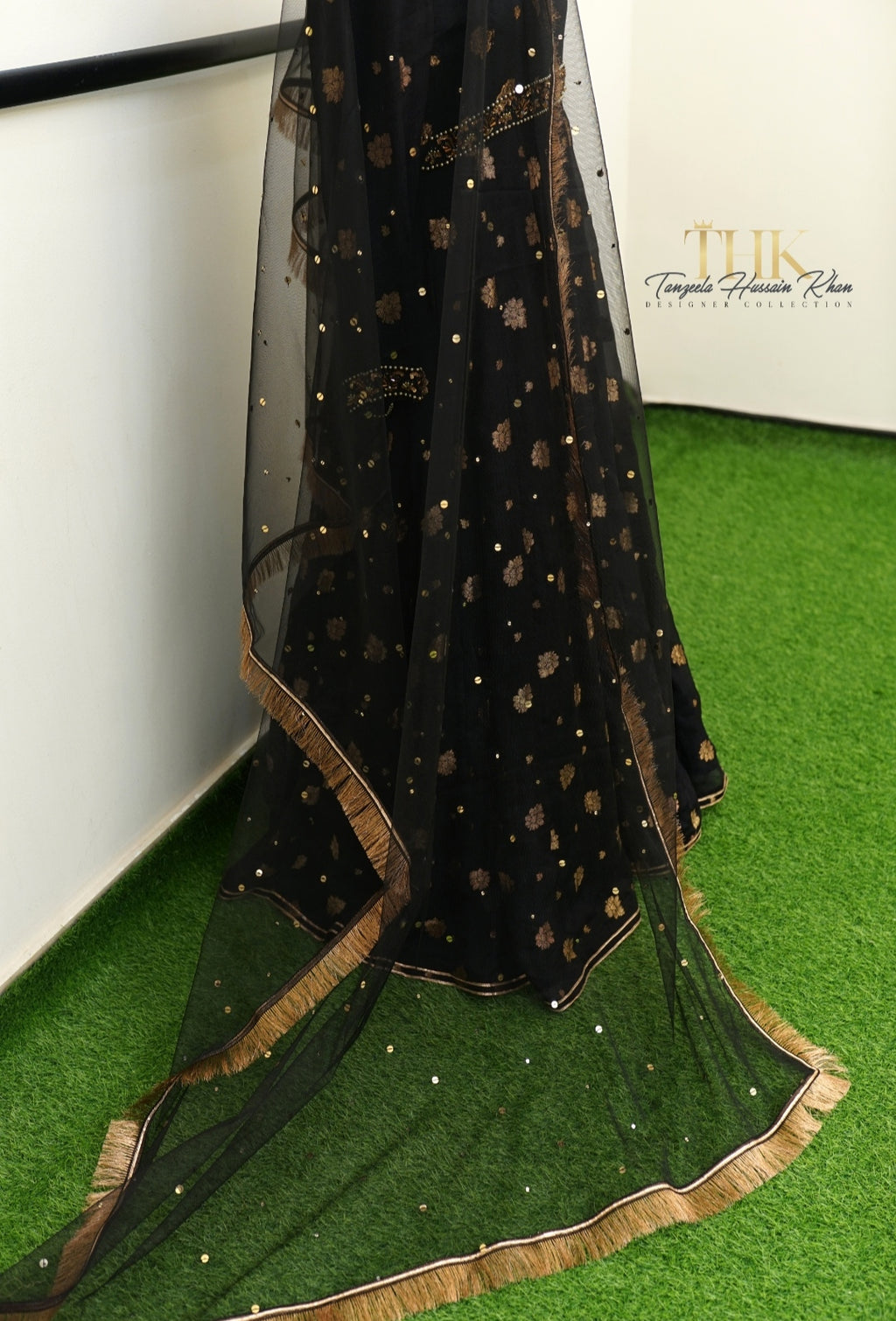 2-Piece Black Pure Chiffon Jamawar Maxi