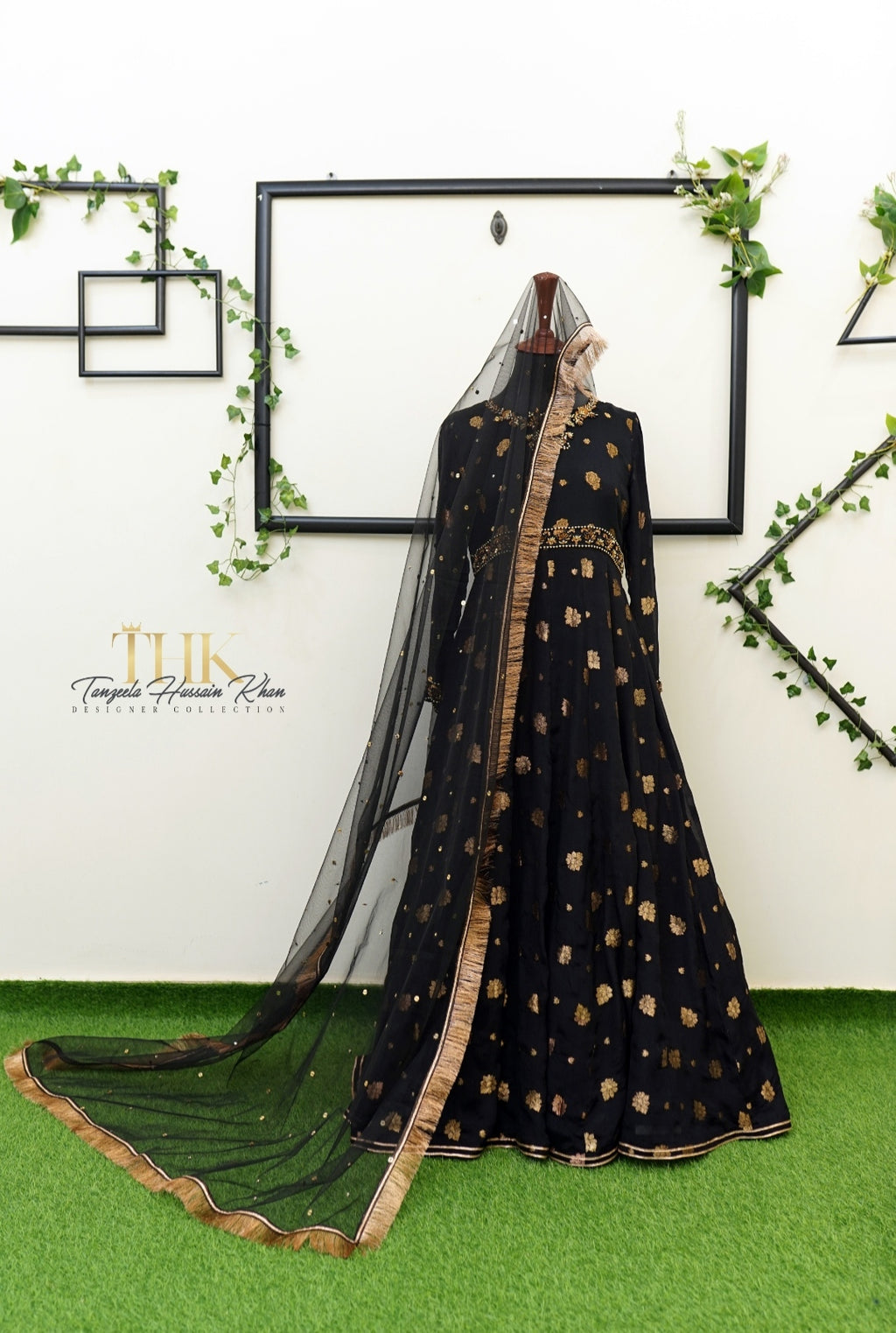 2-Piece Black Pure Chiffon Jamawar Maxi