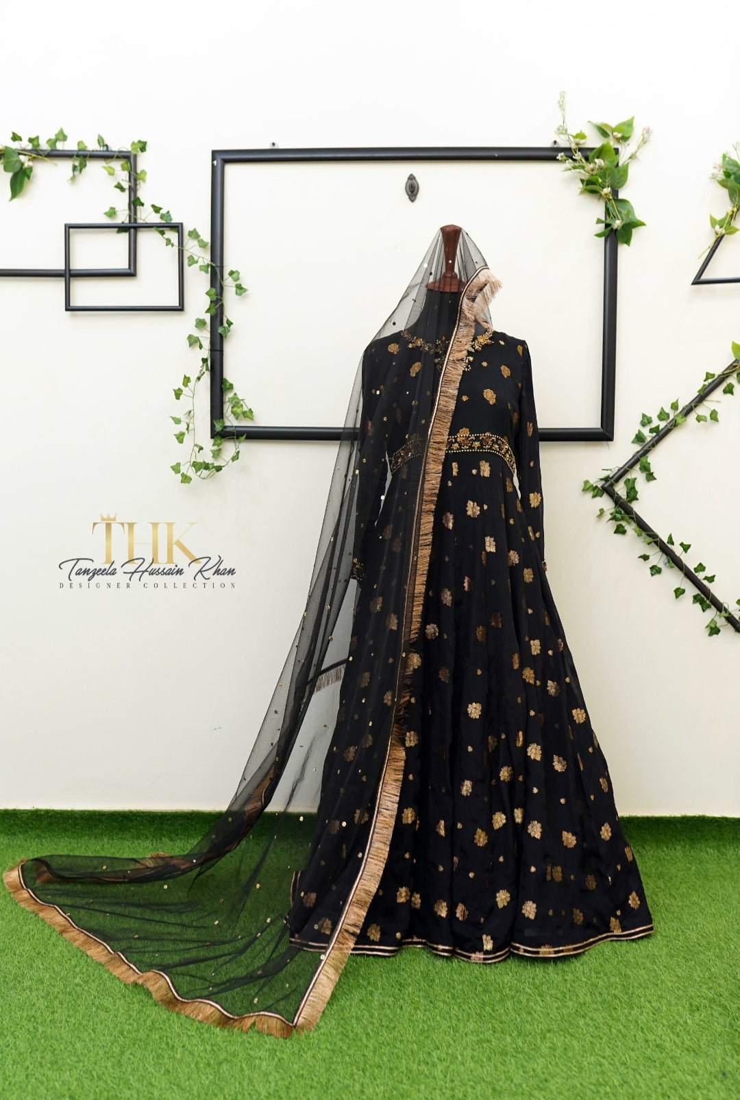 2-Piece Black Pure Chiffon Jamawar Maxi