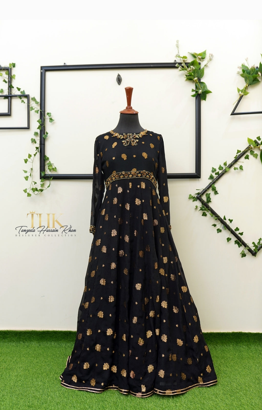 2-Piece Black Pure Chiffon Jamawar Maxi
