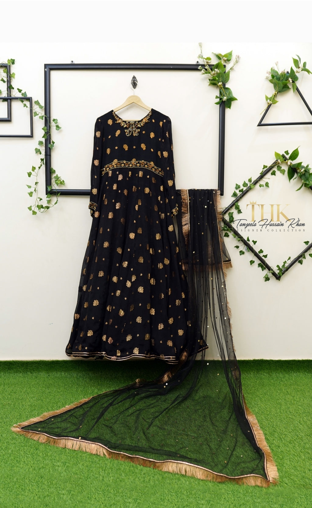 2-Piece Black Pure Chiffon Jamawar Maxi