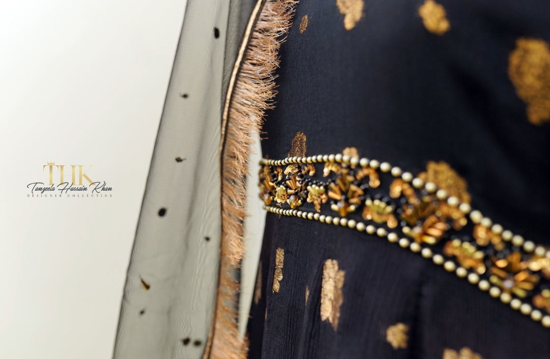 2-Piece Black Pure Chiffon Jamawar Maxi