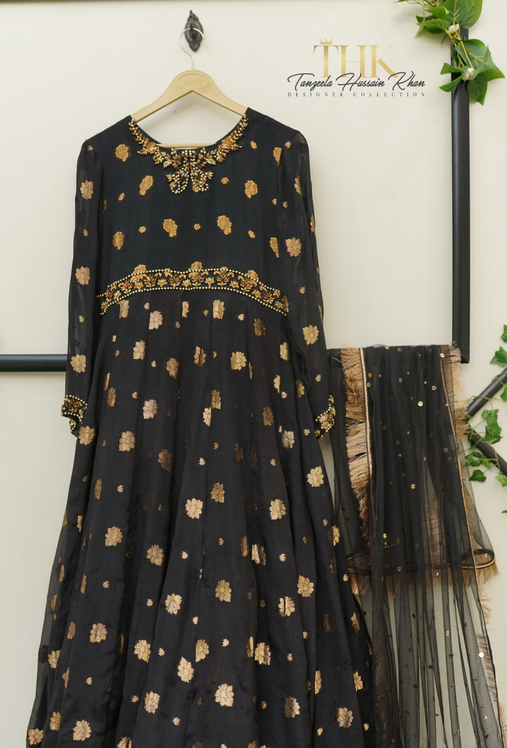 2-Piece Black Pure Chiffon Jamawar Maxi