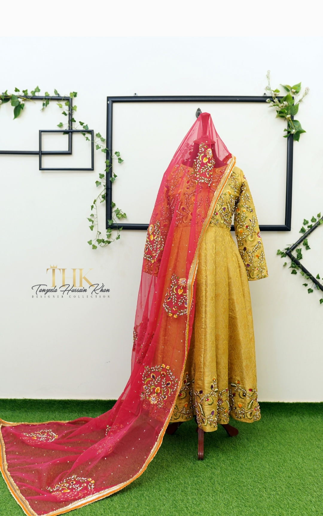 2-Piece Mustard Yellow Embroidered Jamawar Pishwas